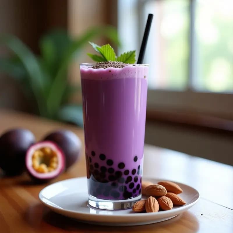 Vaso alto transparente con Bubble Tea de Açaí y Leche de Mandorla, capas moradas intensas, perlas de tapioca de coco negras en el fondo, espuma cremosa en la superficie y semillas de chía como decoración. Bebida antioxidante brasileña sin azúcar, servida con pajita ancha y fondo borroso de cocina natural.