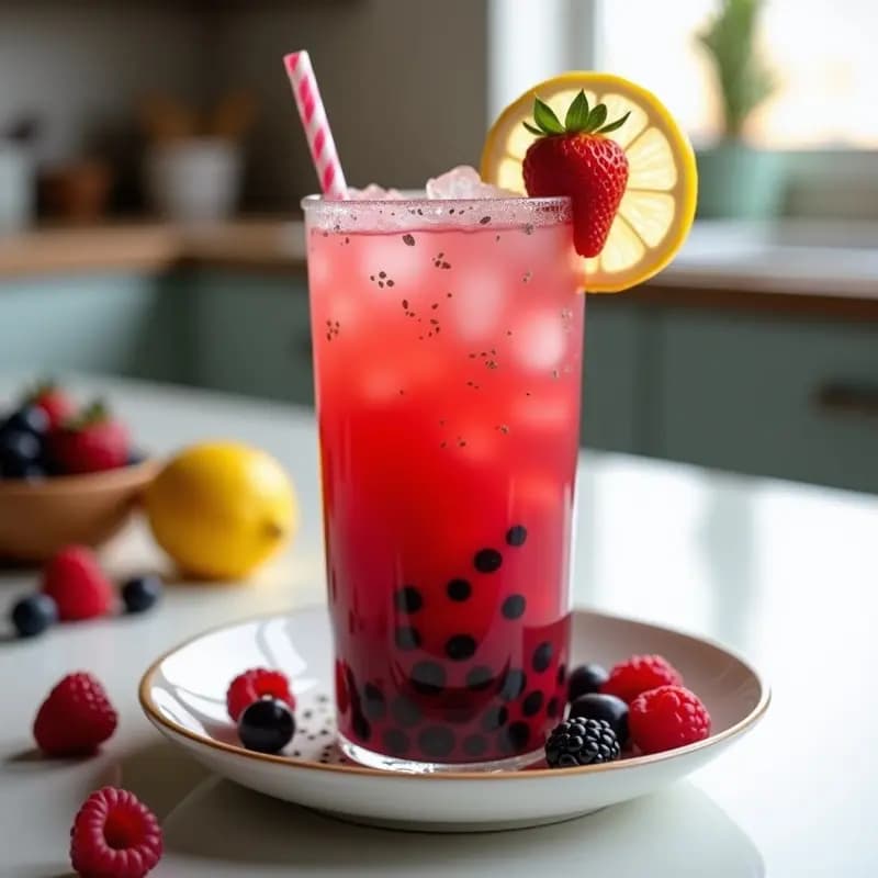 Vaso alto transparente con bubble tea de frutos rojos y tapioca sin azúcar, lleno de perlas de tapioca blancas, semillas de chía y hielo triturado, decorado con una rodaja de limón en el borde. El líquido es de color rojo intenso con burbujas. Fondo claro con detalles de frutos rojos frescos.