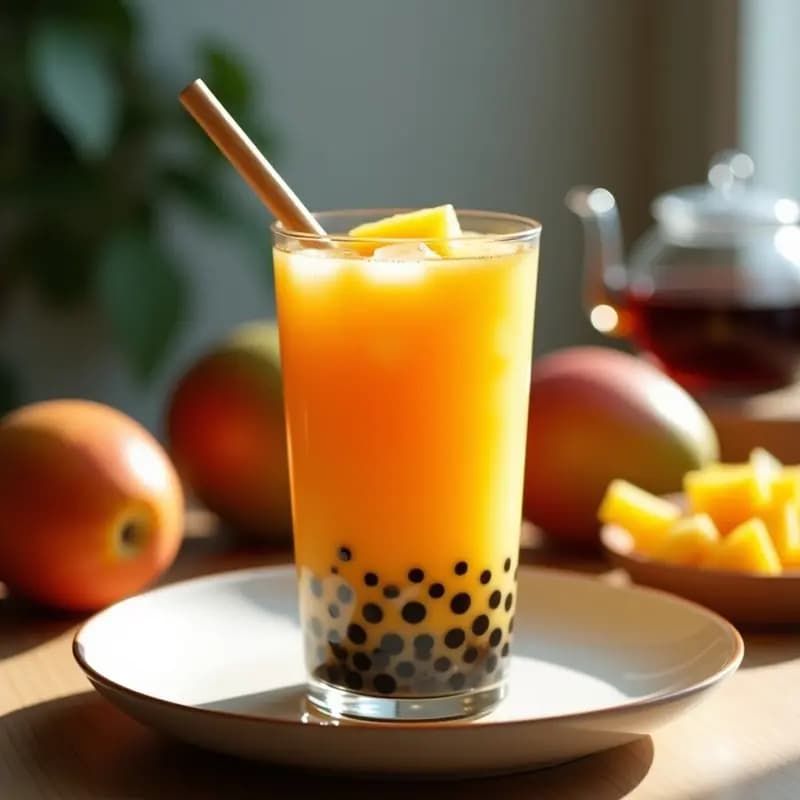 Vaso alto transparente con bubble tea de mango y chía vegano sin azúcar, mostrando capas de puré de mango naranja, semillas de chía negras hidratadas en el fondo y hielo. Decorado con cubos de mango fresco y una pajita ancha. Fondo borroso con ingredientes como mango, chía y té.