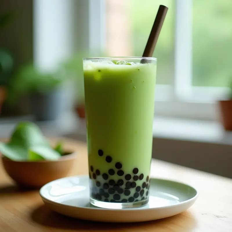 Vaso transparente alto con Bubble Tea de Matcha y Aloe Vera: bebida taiwanesa sin azúcar con perlas de tapioca negras en el fondo, mezcla verde cremosa de matcha y aloe vera, semillas de chía en la superficie y una pajita gruesa. Fondo borroso con ingredientes como matcha en polvo y gel de aloe vera.