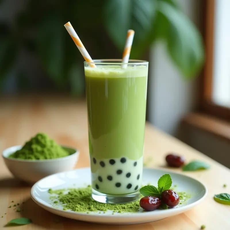 Vaso alto transparente con Bubble Tea de Matcha y Tapioca vegano, lleno de perlas de tapioca blancas en el fondo, líquido verde esmeralda con espuma en la superficie y una pajita ancha. Fondo con hojas de matcha y dátiles.