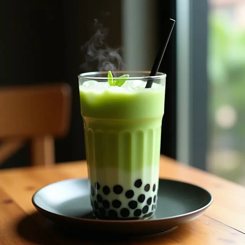 Vaso alto transparente con bubble tea de matcha y perlas de tapioca negra, decorado con semillas de sésamo negro y hoja de menta. La bebida tiene un color verde vibrante con burbujas de hielo y un fondo desenfocado que resalta su textura cremosa y las perlas en el fondo.