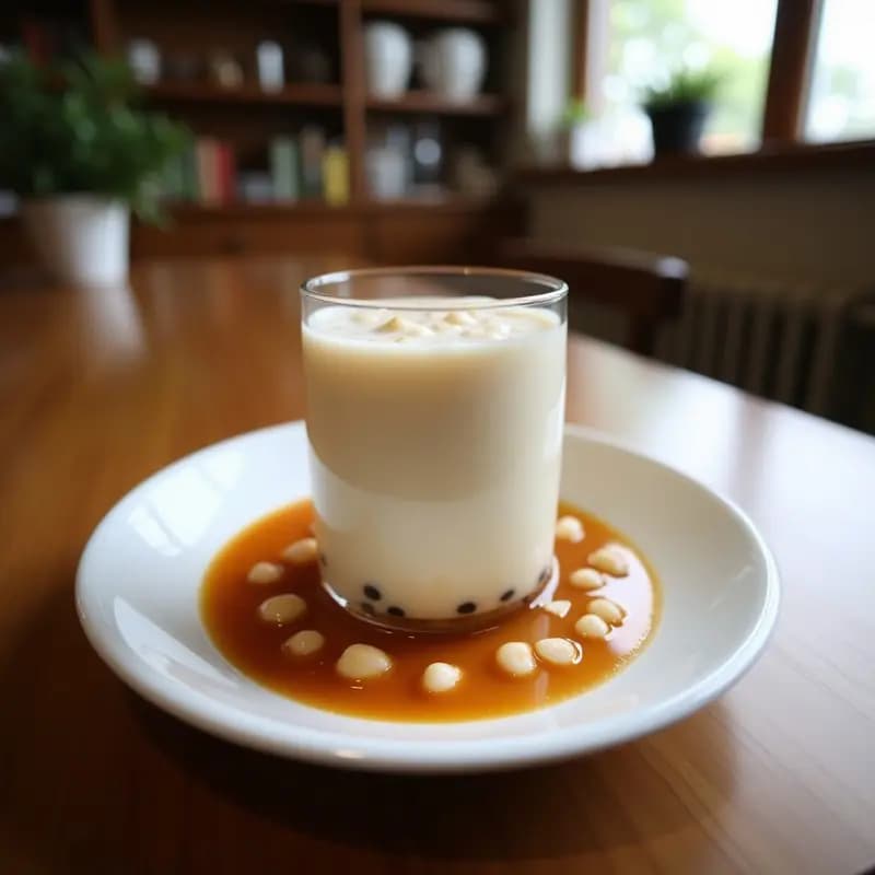 Vaso alto transparente con Bubble Tea de taro morado y leche de coco, perlas de tapioca blancas en el fondo, pajita ancha y hielo picado. Tonos vibrantes morados y cremosos con un fondo borroso de hojas tropicales.