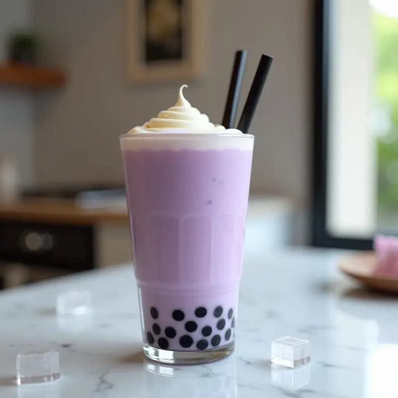 Vaso transparente con bubble tea de taro y lechita condensada, bebida taiwanesa cremosa de color morado pálido, perlas de tapioca negras en el fondo y espiral de lechita condensada en la superficie, servido con pajita ancha sobre fondo blanco.