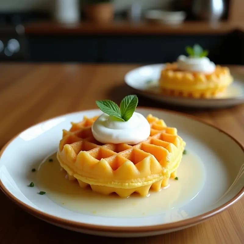 Bubble Waffle dorado y esponjoso con burbujas perfectas, aromatizado con pandan, servido en un plato blanco con salsa de coco cremosa, coco rallado y semillas de sésamo. Desayuno tailandés crujiente y sin gluten preparado en airfryer.