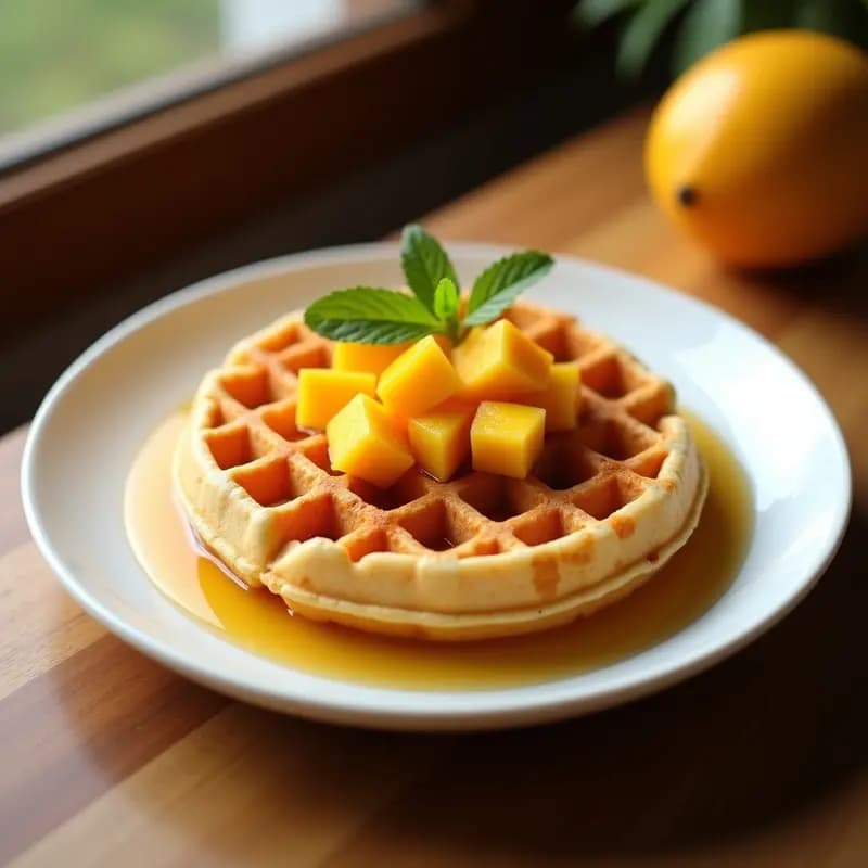 Bubble waffle dorado y esponjoso con burbujas perfectas, hecho con harina de arroz y trozos de mango fresco. Servido en un plato blanco con decoración de coco rallado y sirope de agave, fondo de mesa de madera rústica.