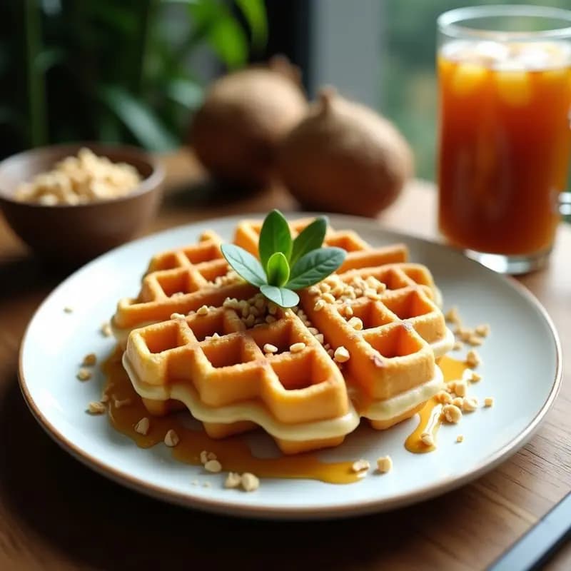 Bubble waffle dorado y crujiente con forma de flor, relleno de burbujas esponjosas, decorado con semillas de sésamo negro y un hilo de crema de cacahuete. Plato de desayuno tailandés vegano con aroma a pandan.