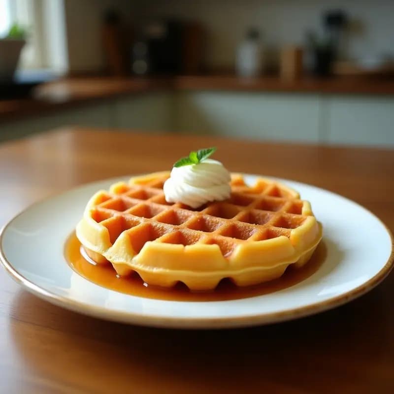 Bubble waffle dorado y esponjoso con burbujas perfectamente definidas, espolvoreado con coco rallado y servido en un plato blanco sobre una mesa de madera, acompañado de sirope de agave y rodajas de mango.