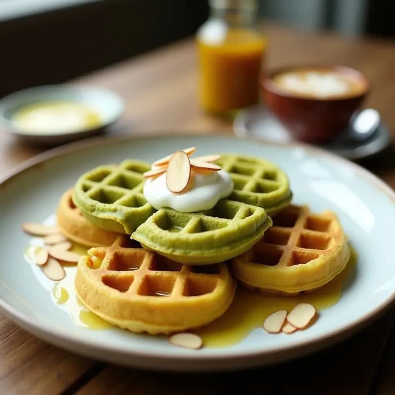 Bubble Waffles dorados con tonos verdes suaves de matcha y cúrcuma, servidos en plato blanco con salsa de yogur griego y miel de manuka, espolvoreados con almendras fileteadas.
