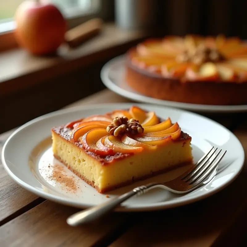 Bublanina de manzana y canela sin harina, postre checo esponjoso con láminas de manzana caramelizada y nueces picadas en la superficie, servida en plato rústico de cerámica blanca.