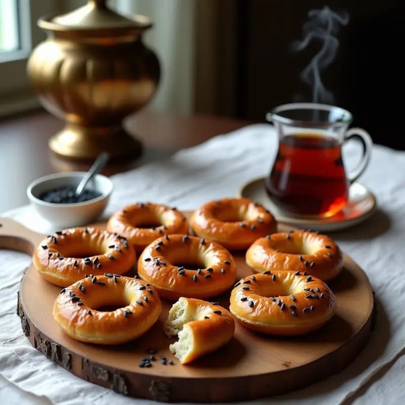 Bubliki rusos dorados y crujientes con semillas de amapola y miel brillando bajo la luz, dispuestos en una bandeja de madera rústica junto a una taza de té humeante.