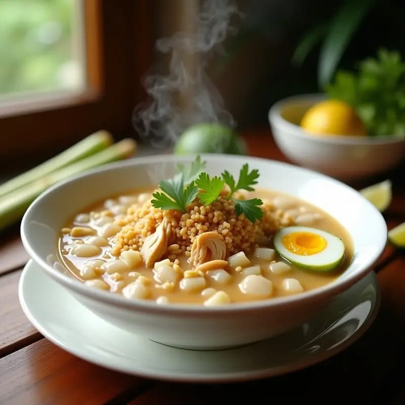 Cuenco hondo de cerámica blanca con Bubur Ayam: gachas de arroz cremosas de color beige, coronadas con pollo desmenuzado, huevo duro en mitades, crujientes de ajo dorados, cacahuetes picados, cilantro fresco y rodajas de limón. Fondo borroso con especias y hierbas indonesias.