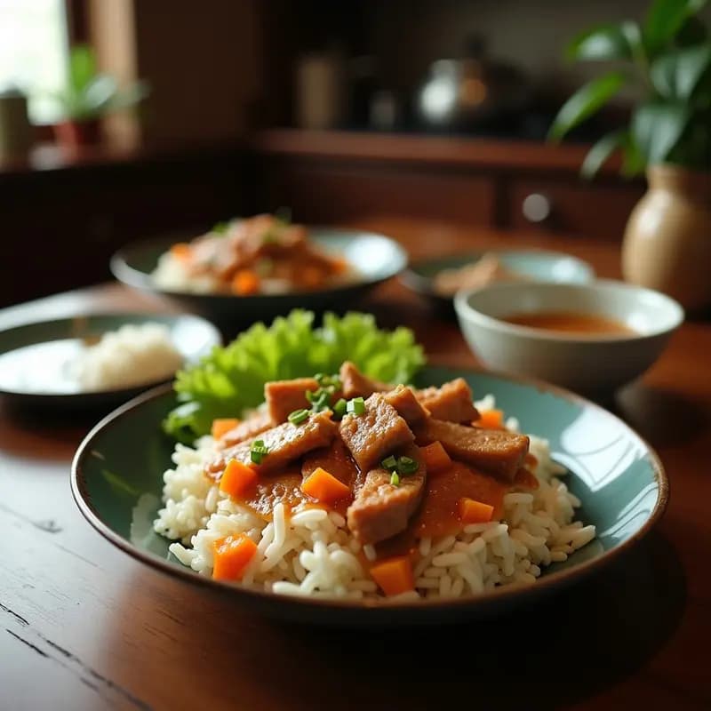 Bol rústico de cerámica blanca con Bubur Ayam, papilla de arroz cremosa, pollo desmenuzado, huevo duro en cuartos, cebollino picado, cacahuetes fritos y cebolla crujiente, acompañado de limón y salsa de soja, receta indonesia reconfortante.