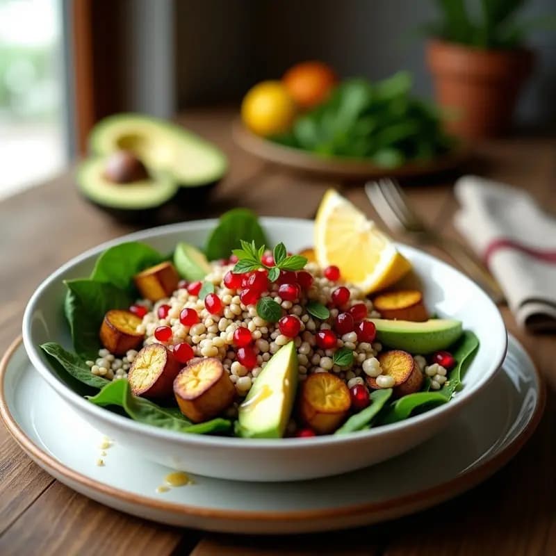 Buddha Bowl colorido con base de espinacas, amaranto esponjoso, berenjena ahumada dorada, granos de granada rojos, aguacate en láminas y semillas de calabaza, coronado con aderezo cremoso de tahini. Receta antioxidante keto.