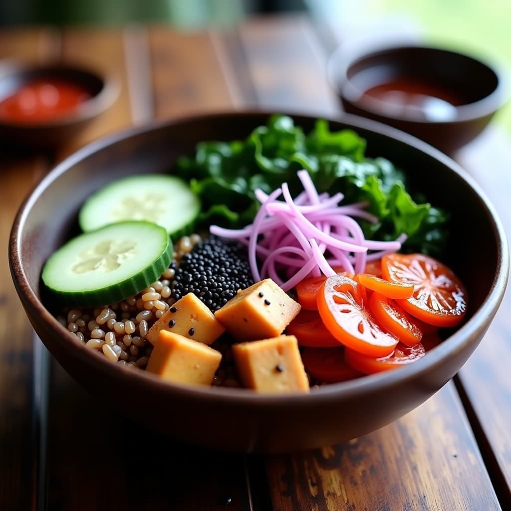Buddha Bowl japonés keto con arroz salvaje oscuro, cubos de tempeh dorado, espinacas y kale salteadas, pepino en juliana, cebolla morada y salsa rosada de umeboshi. Decorado con semillas de sésamo negro y algas nori sobre un tazón de madera.