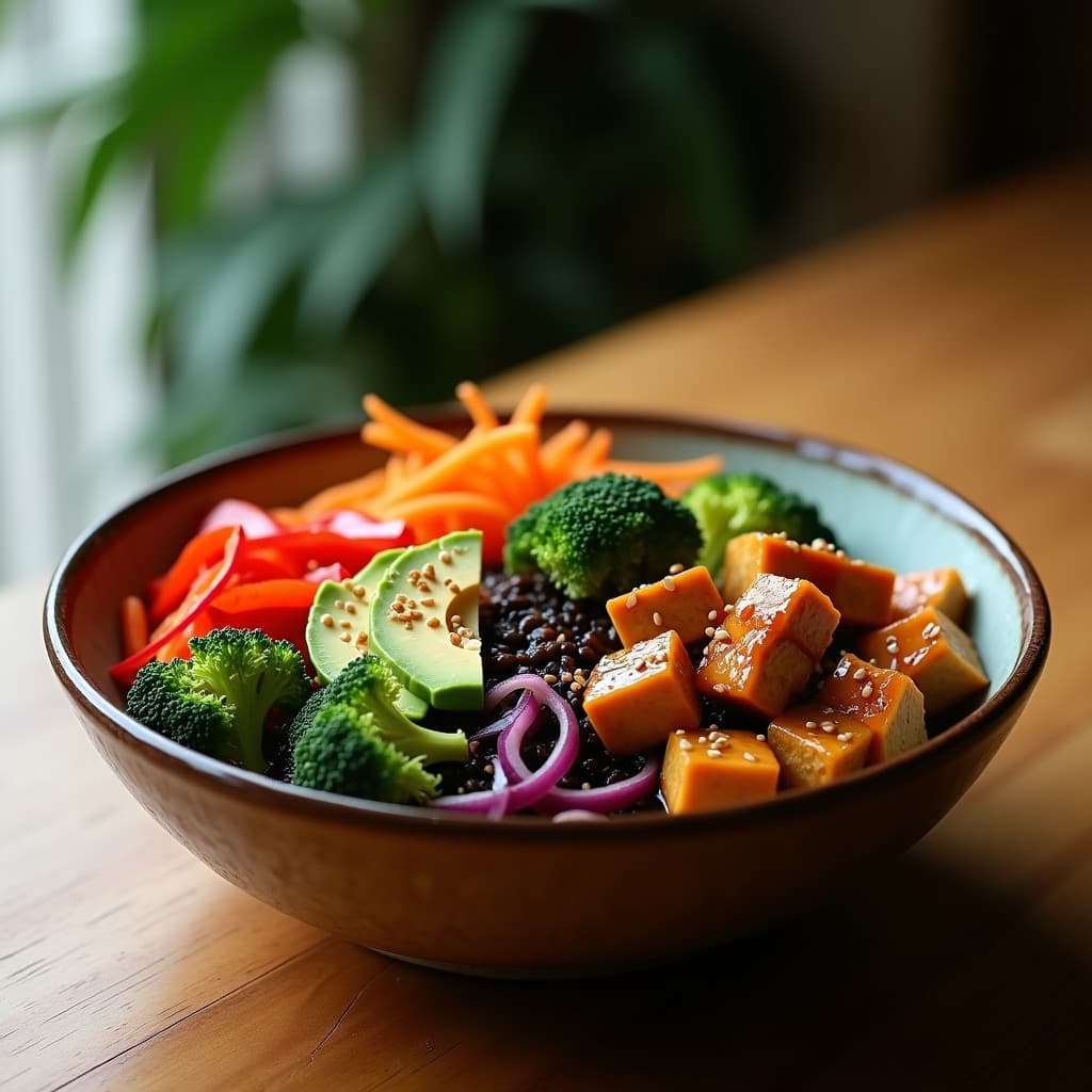 Buddha Bowl vegano con arroz salvaje oscuro, tofu dorado glaseado en salsa teriyaki, brócoli verde vibrante, zanahoria naranja en juliana, pimiento rojo, aguacate cremoso y semillas de sésamo tostadas espolvoreadas. Plato colorido y lleno de umami sobre fondo rústico de madera.