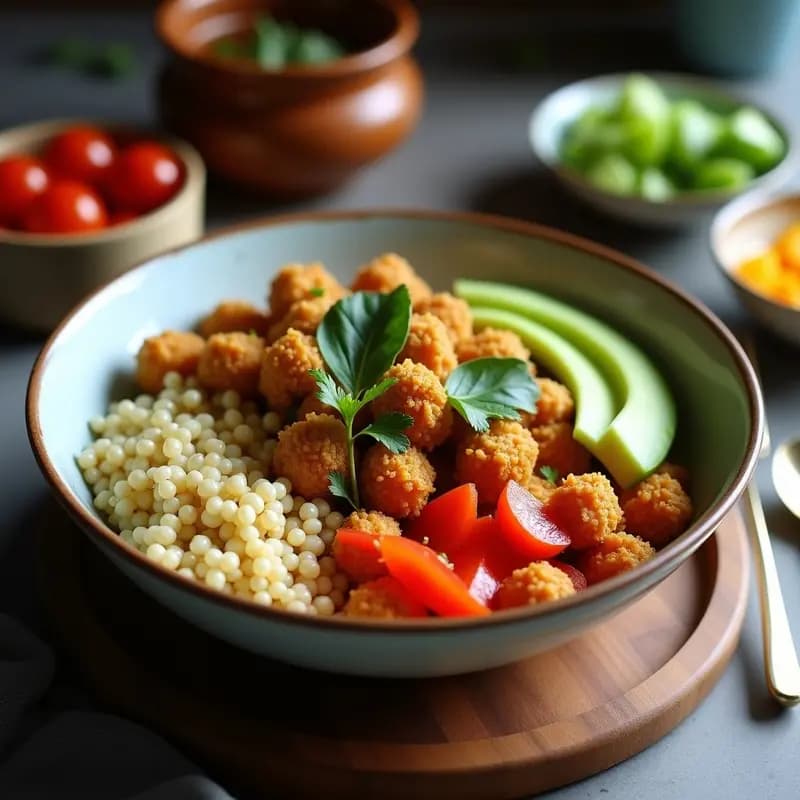 Buddha Bowl colorido con base de escanda, garbanzos crujientes dorados, espinacas frescas, zanahoria, pimiento rojo, cebolla morada, aguacate y semillas de sésamo, aliñado con aminos de coco. Receta vegana española saludable.