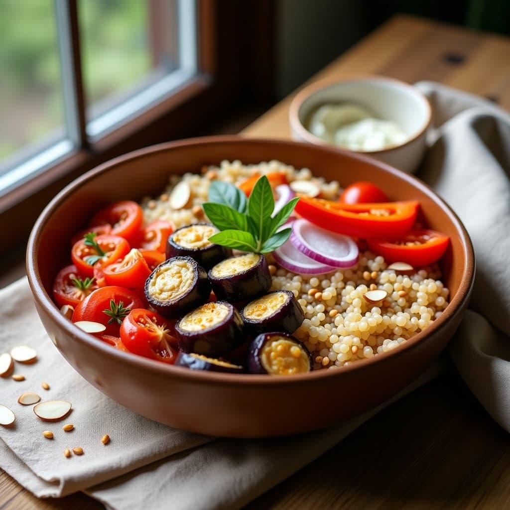 Buddha Bowl de espelta y berenjena asada con aderezo de tahini y limón, receta turca sin gluten. Plato colorido con espelta dorada, berenjena y pimiento asados, tomates cherry, cebolla morada, almendras tostadas y perejil fresco, bañado en salsa cremosa de tahini.