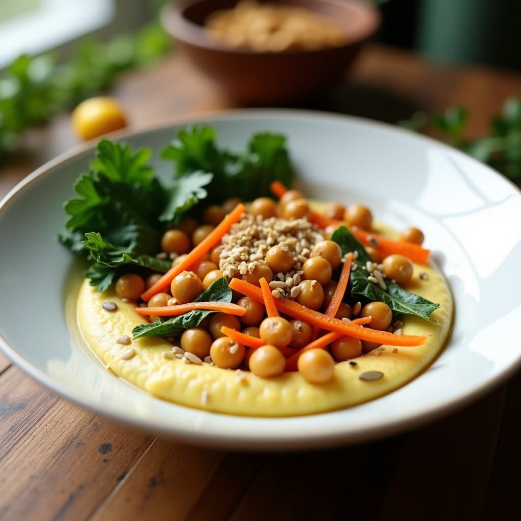 Buddha Bowl vegano en plato hondo de cerámica blanca con puré de coliflor cremoso de color amarillo dorado, garbanzos asados crujientes, espinacas frescas, zanahoria morada rallada y semillas de sésamo y almendras fileteadas por encima. Receta alta en hierro preparada en Thermomix.