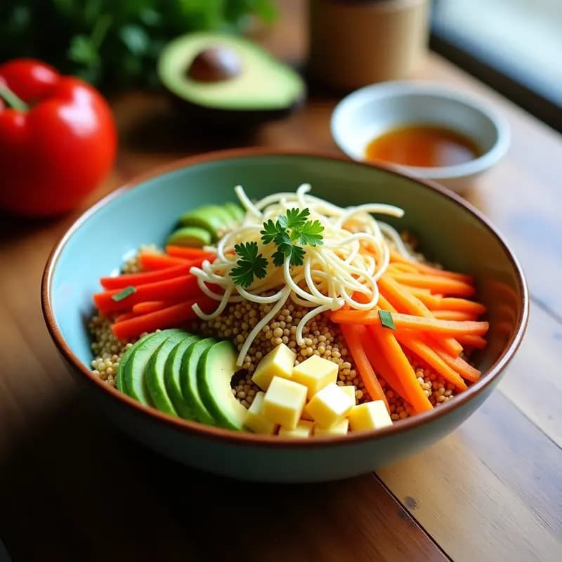 Buddha Bowl vegano japonés con base de mijo dorado, col fermentada, zanahoria y pimiento salteados, aguacate en cubos, brotes de soja y semillas de sésamo tostadas, bañado en aderezo cremoso de sésamo y jengibre.