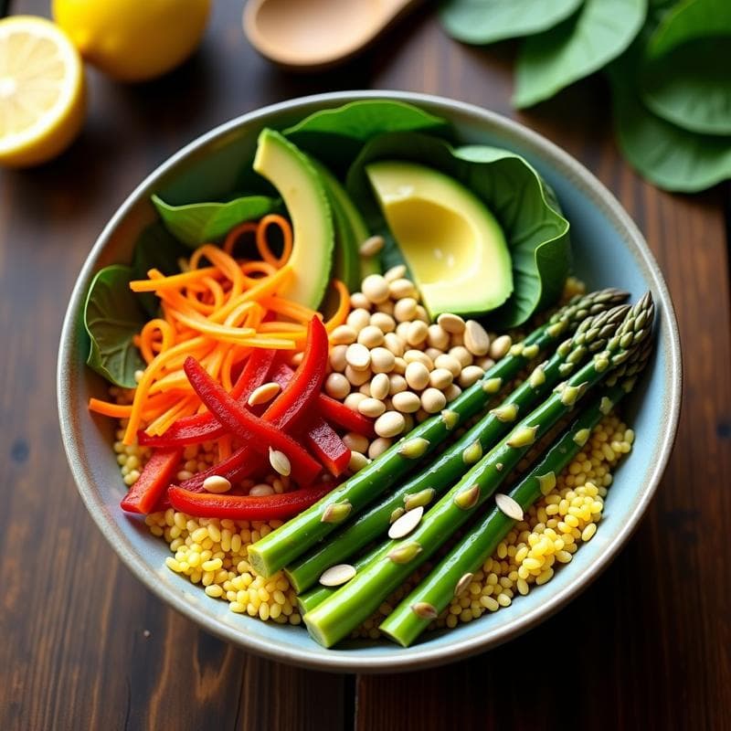 Buddha Bowl colorido con base de mijo amarillo, espárragos trigueros salteados, zanahoria en juliana, pimiento rojo, aguacate en cubos y espinacas frescas, coronado con semillas de girasol y bañado en aderezo de citronela. Receta vegana y sin gluten.