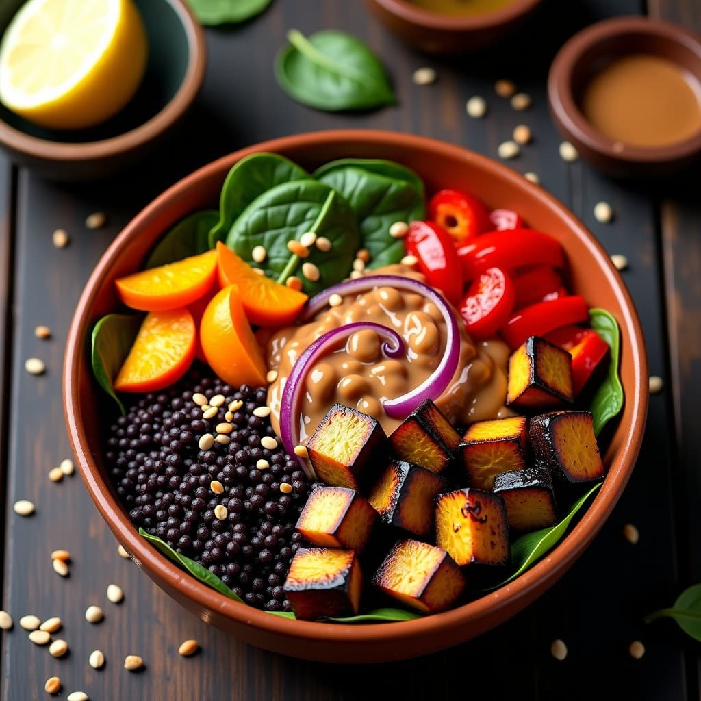 Buddha Bowl de mijo negro y berenjena asada con calabaza, pimiento y cebolla morada sobre base de espinacas, bañado en aderezo de cacahuete cremoso y espolvoreado con semillas de sésamo tostadas. Plato colorido y vibrante de inspiración africana.