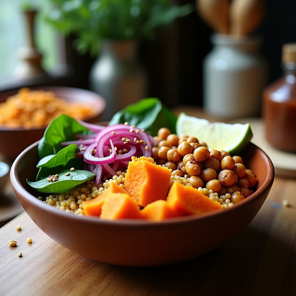 Buddha Bowl colorido con base de mijo amarillo, batata asada dorada, garbanzos crujientes, espinacas frescas y cebolla morada encurtida, bañado en aderezo de tamarindo. Decorado con semillas de sésamo y gajos de limón. Receta vegana de Sudáfrica preparada en Thermomix.