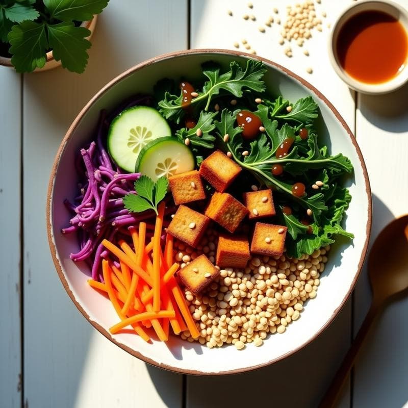 Buddha Bowl indoneso con mijo dorado, tempeh crujiente marinado en especias, lechuga morada, zanahoria en juliana, pepino y kale. Bañado en aderezo de tamarindo brillante y decorado con semillas de sésamo y cilantro fresco. Plato colorido y saludable sin gluten.