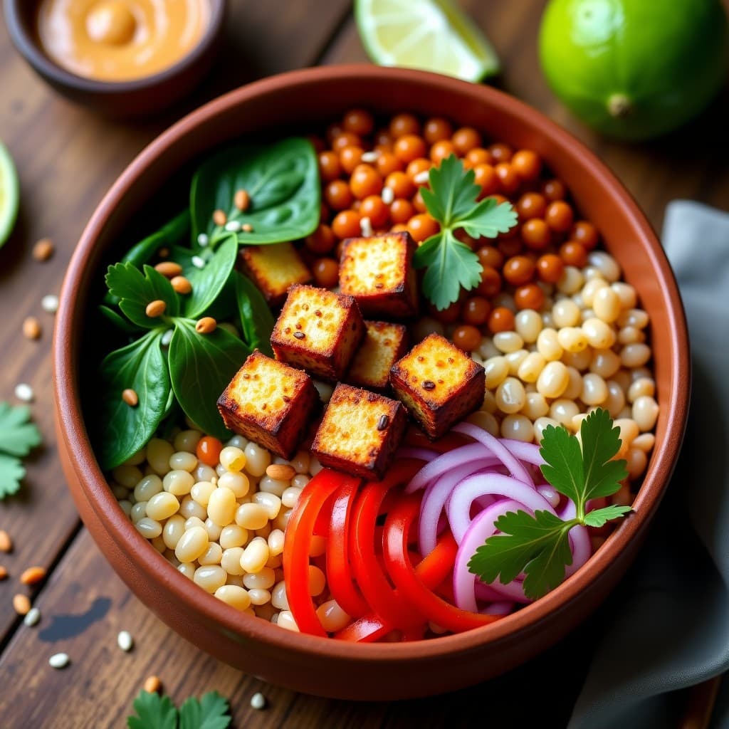 Buddha Bowl colorido con base de mijo perlado, tempeh dorado en cubos, espinacas baby, pimiento rojo y cebolla morada salteados, decorado con semillas de sésamo y cilantro fresco, acompañado de una salsa de cacahuete cremosa en un bol de barro. Receta indonesa keto en 20 minutos.