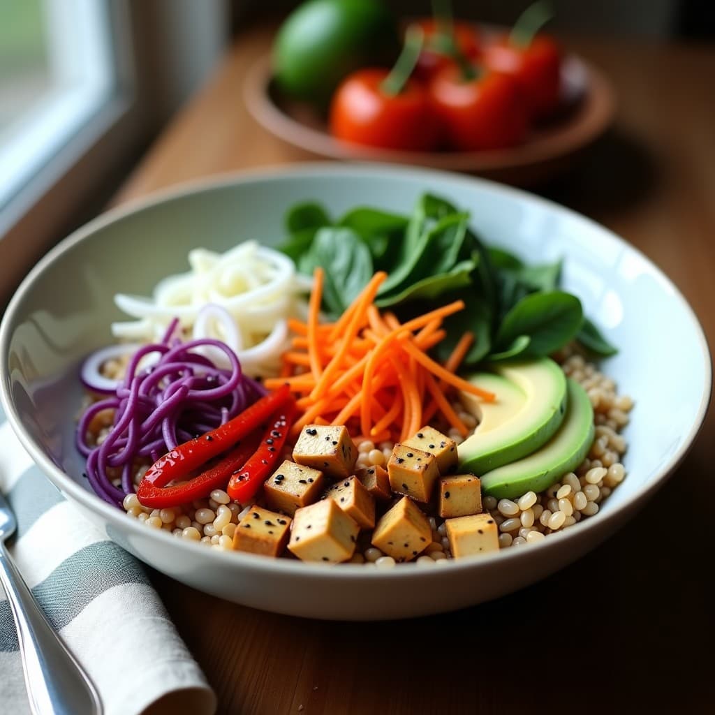 Buddha Bowl vegano con base de mijo dorado, tempeh crujiente, pimiento rojo asado, zanahoria morada, rábanos daikon, espinacas baby y aguacate, coronado con semillas de sésamo negro y aderezo cremoso de miso y tártaro. Plato colorido y equilibrado en un bol de cerámica blanca.