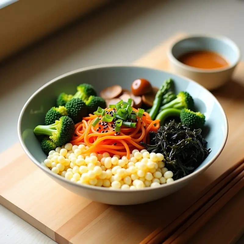 Buddha Bowl de mijo y verduras al vapor en un bol de cerámica blanca, con mijo dorado como base, brócoli y zanahoria al vapor, tofu dorado, kimchi rojo, huevo marinado y semillas de sésamo. Acompañado de salsa de gochujang y palillos coreanos.