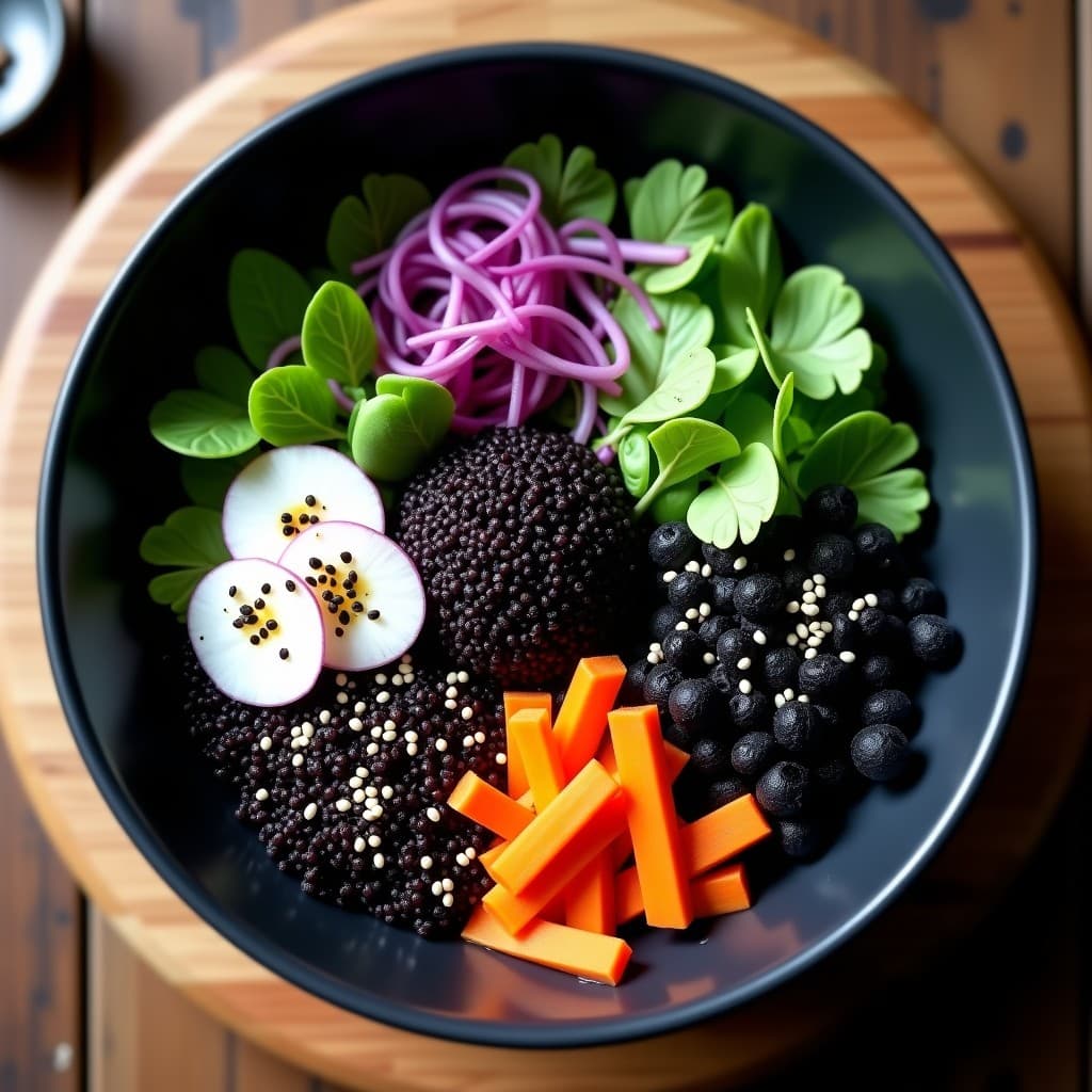Buddha Bowl vegano y antioxidante con quinoa negra, berros frescos, pepino de mar encurtido, zanahoria morada y rábanos daikon, coronado con semillas de sésamo negro y algas nori, bañado en aderezo cremoso de ajo negro. Plato colorido y saludable en un bowl de cerámica negra.