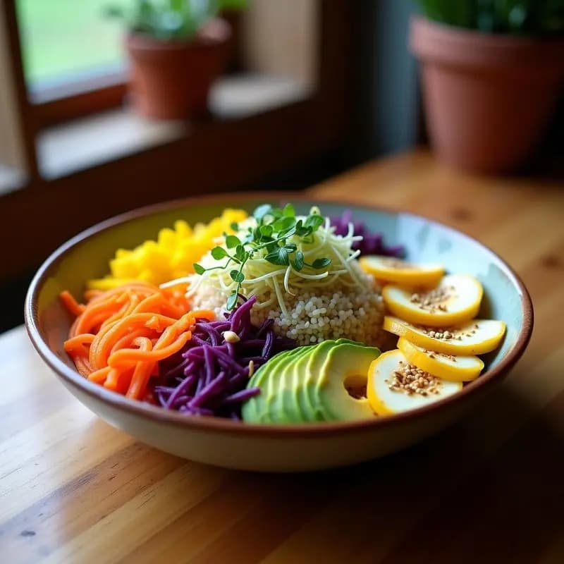 Buddha Bowl colorido con quinoa blanca, zanahoria morada, pimiento amarillo asado, aguacate y brotes de alfafa, bañado en aderezo amarillo de cúrcuma y decorado con semillas de sésamo. Receta peruana antioxidante con camu camu.