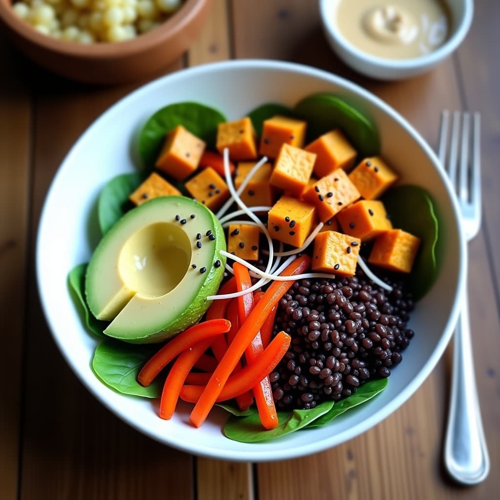 Buddha Bowl de quinoa negra y batata asada con aderezo de tahini de sésamo negro, servido en un plato hondo de cerámica blanca. Base de espinacas baby, quinoa negra esponjosa, cubos de batata dorados, zanahoria morada en juliana, pimiento rojo en tiras, aguacate en láminas, brotes de rábano y semillas de sésamo negro espolvoreadas. El aderezo cremoso de tahini de sésamo negro decora el plato con un brillo característico.