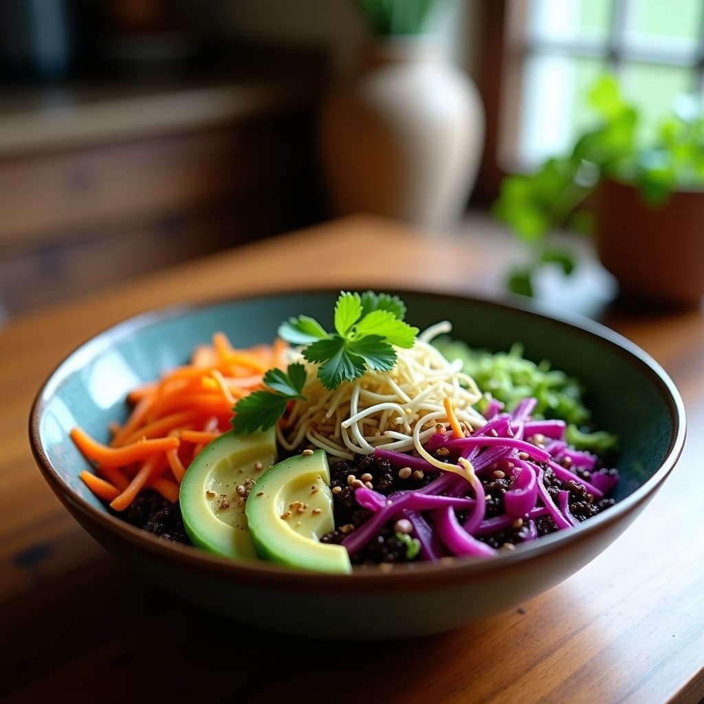 Buddha Bowl colorido con quinoa negra como base, vegetales encurtidos morados y rojos en juliana, rábanos daikon en láminas, cilantro fresco y semillas de sésamo negro, bañado en aderezo de tamarindo dorado.