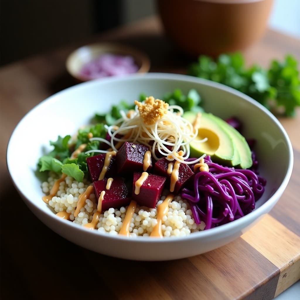 Buddha Bowl vegano en plato hondo de cerámica blanca, con capas de quinoa esponjosa, remolacha morada asada en cubos dorados, láminas de aguacate verde, col morada fermentada, germinados de rábano y semillas de calabaza tostadas. Aderezo cremoso de tahini y limón vertido sobre el conjunto, con un fondo de madera rústica.