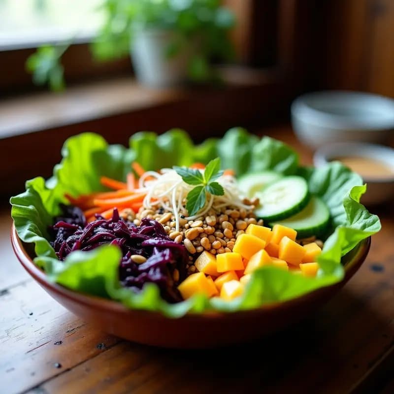 Buddha Bowl Tailandés vegano y crudivegano con base de lechuga romana, col morada, zanahoria juliana, pepino, mango en cubos, germinados de alfalfa, cacahuetes tostados y semillas de sésamo negro. Bañado en salsa satay cremosa de cacahuete y decorado con cilantro fresco. Plato colorido y vibrante con texturas crujientes y cremosas.