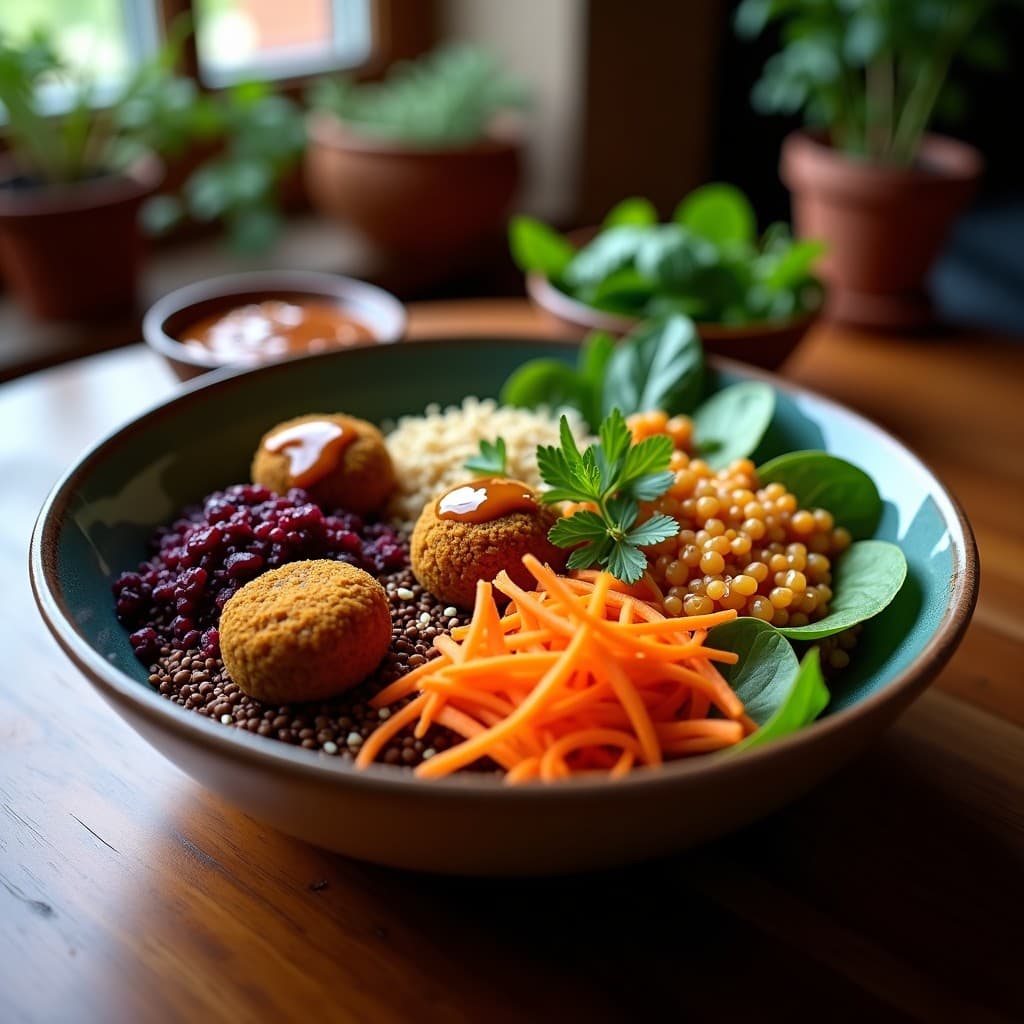 Buddha Bowl de Teff con falafel de remolacha dorado y crujiente, salsa de tamarindo brillante, espinacas frescas, zanahoria rallada y pimiento asado, servido en un bol hondo de cerámica blanca sobre fondo rústico de madera. Receta vegana eritrea alta en proteínas y antioxidantes.