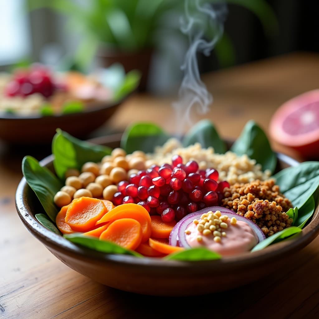 Buddha Bowl colorido con base de espinacas frescas, teff integral tostado, garbanzos dorados especiados, cebolla morada y pimiento rojo salteados, espolvoreado con semillas de sésamo y almendras fileteadas. Aderezo vibrante de granados con semillas rojas brillantes, receta etíope sin gluten.