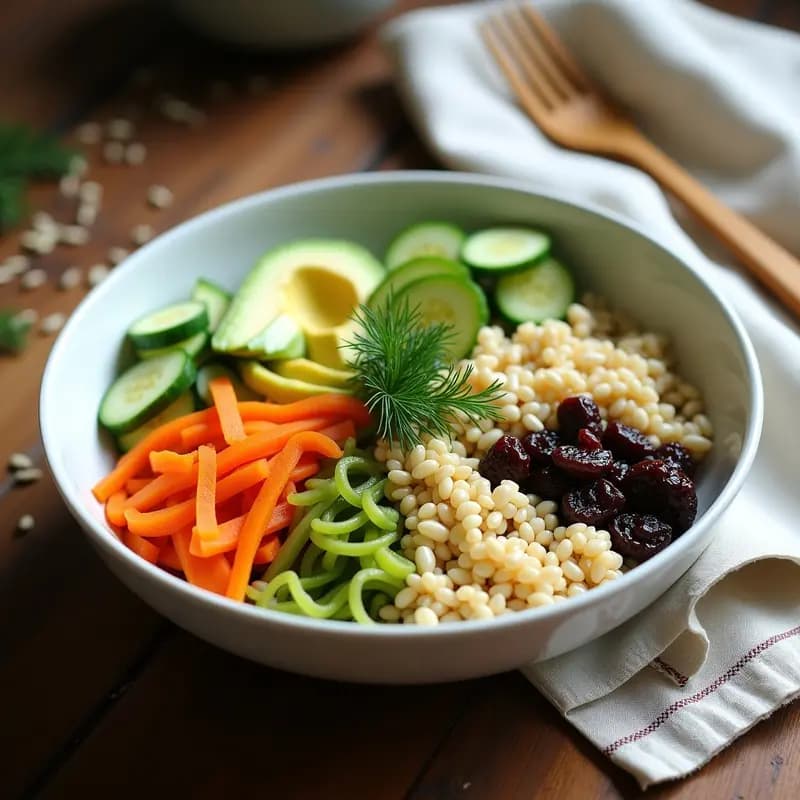 Buddha Bowl colorido en un plato hondo blanco con trigo sarraceno remojado, calabacín espiralizado verde, zanahoria en juliana, aguacate en cubos, semillas de girasol y pasas, decorado con aderezo de mostaza y miel, receta rusa crudivegana sin cocción.