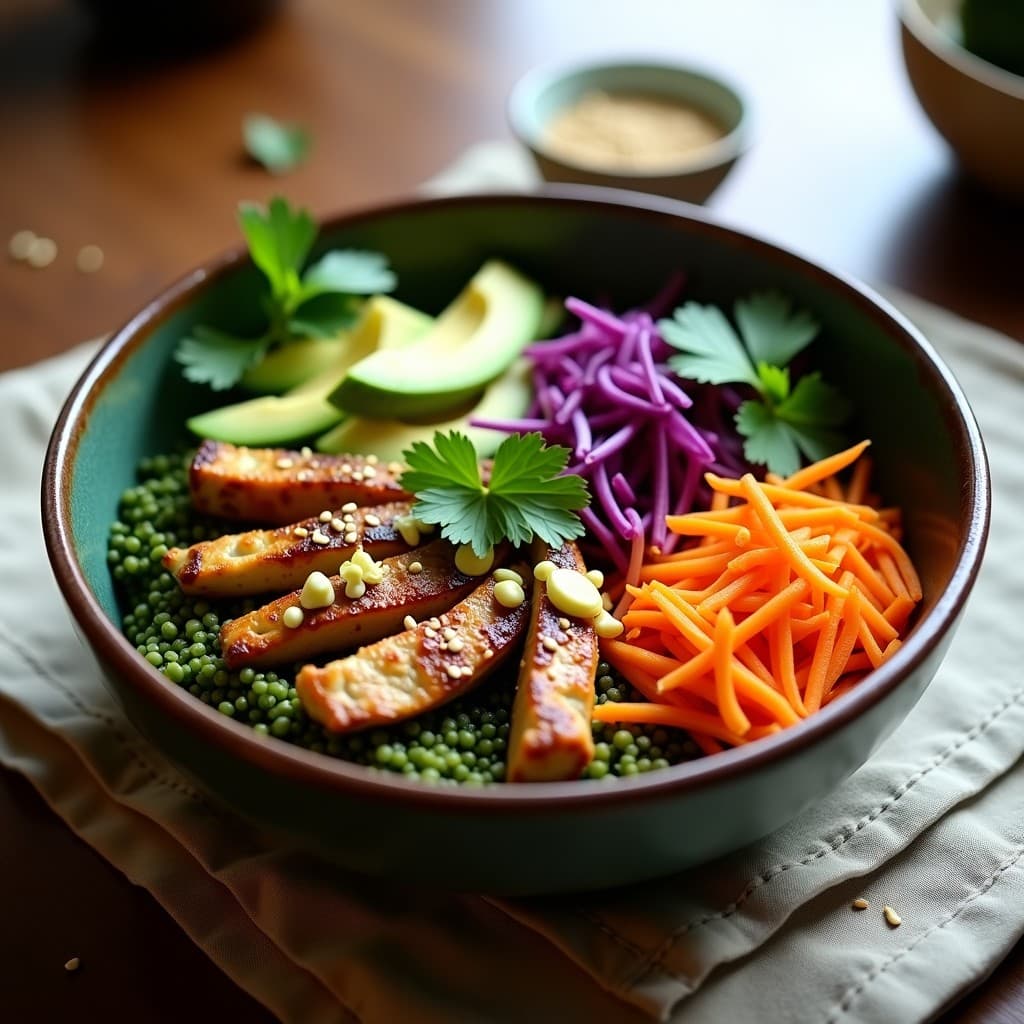 Buddha Bowl colorido con base de trigo verde, tiras de pollo dorado marinado en especias de Sincelejo, aguacate en cubos, repollo morado, zanahoria rallada y semillas de sésamo, acompañado de aderezo cítrico, receta colombiana alta en proteína.