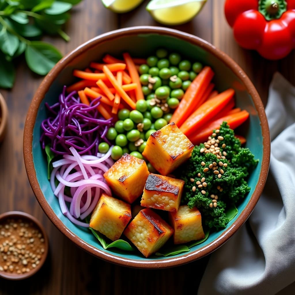 Buddha Bowl de Trinchera con aderezo de cacahuete y sésamo, receta peruana vegana. Plato colorido con trinchera asada dorada, pimiento rojo, zanahoria morada rallada, edamame, cebolla morada y kale, bañado en salsa cremosa espolvoreada con semillas de sésamo.