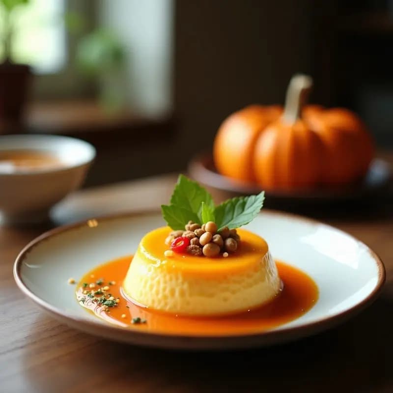 Postre tailandés Bui Nor Lah Thai de arroz pegajoso, calabaza y coco, servido en fuente de cerámica blanca con crema de coco espesa, virutas de coco y semillas de sésamo negro, sobre fondo de madera rústica.