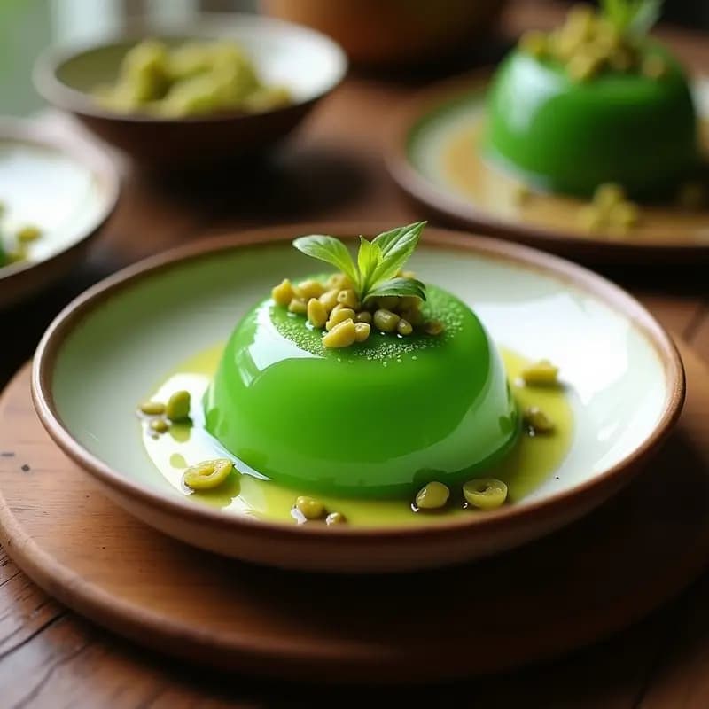 Porciones cuadradas de Bukas de Pandan y Coco vegano, cubiertas de coco rallado blanco, con un tono verde suave en su interior, servidas en un plato de cerámica blanca sobre fondo rústico.
