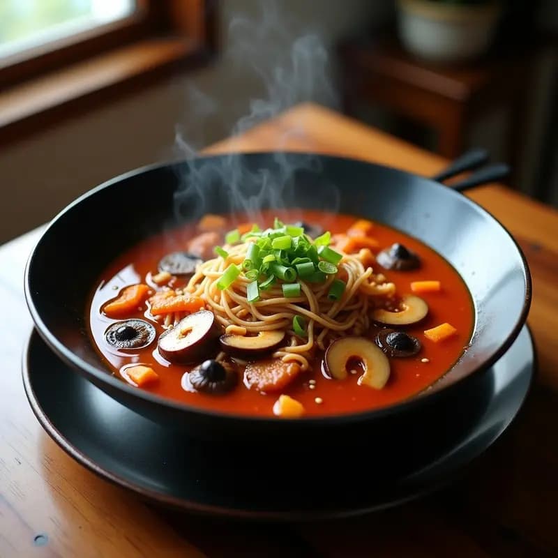 Estofado coreano Bookki Jjigae en cuenco de cerámica oscuro, con fideos de trigo sarraceno, champiñones shiitake, tofu ahumado y salsa picante de gochujang, decorado con semillas de sésamo y cebollino fresco.