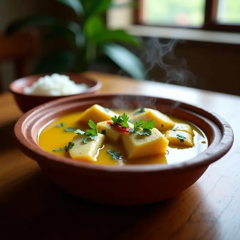 Olla de barro humeante con Bulembu de Pez Leche, trozos de yuca y rodajas de plátano verde en caldo espeso de leche de coco, decorado con cilantro fresco. Plato típico de la Costa Caribe colombiana.