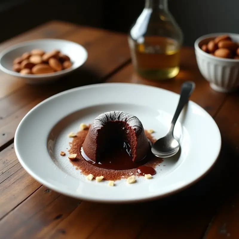 Bulerías de chocolate extremeñas en un plato de cerámica blanca, con trozos de almendras tostadas y azúcar glas espolvoreada. Postre tradicional español con textura cremosa y crujiente.