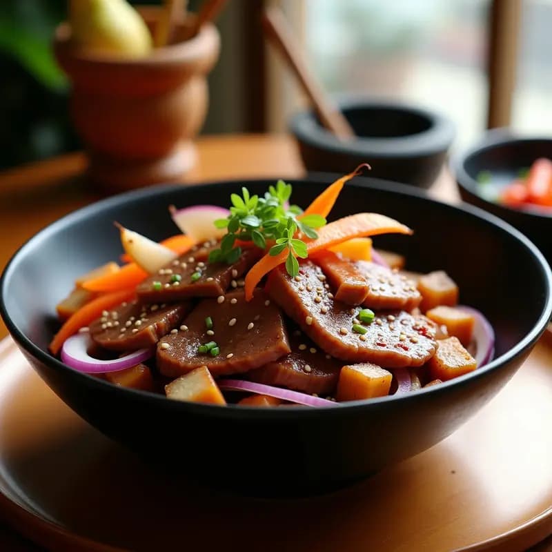 Plato hondo de cerámica negra con bulgochi coreano: láminas doradas de carne de res marinada en salsa brillante, acompañadas de cubos de pera caramelizados, cebolla morada y zanahoria salteada. Espolvoreado con semillas de sésamo y cebollino fresco. Fondo borroso con utensilios de cocina tradicionales coreanos.