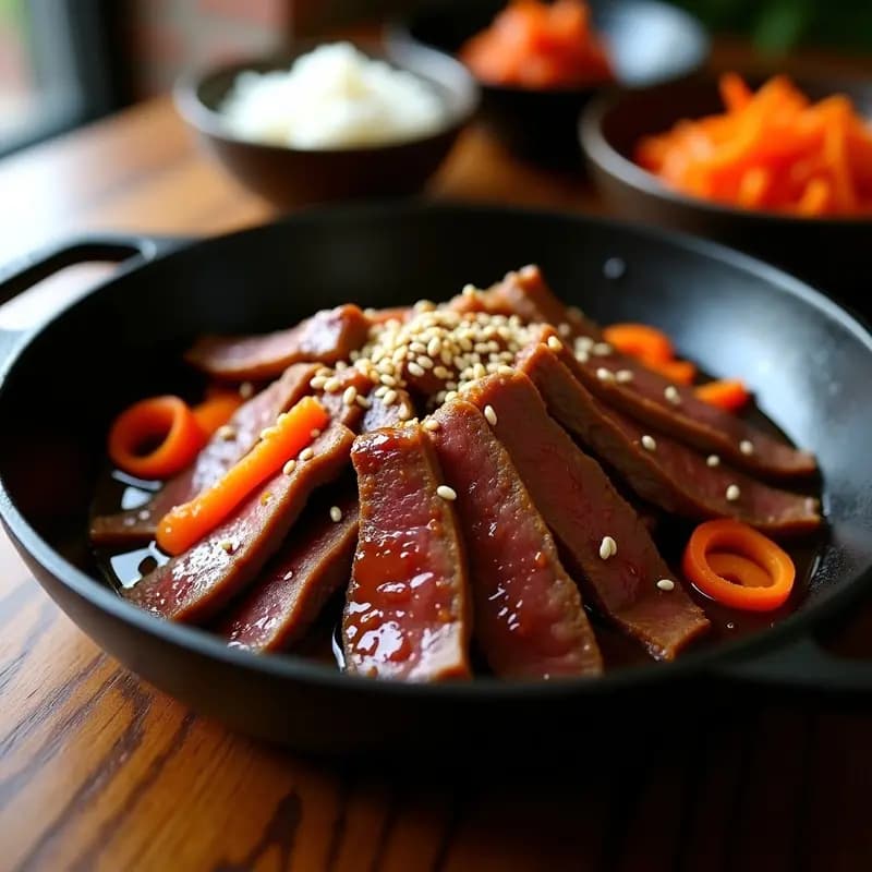 Plato de bulgogi coreano de carne de res marinada en sartén, con trozos dorados y brillantes cubiertos de salsa de sésamo pegajosa, acompañados de juliana de cebolla morada y zanahoria, espolvoreado con semillas de sésamo tostadas.