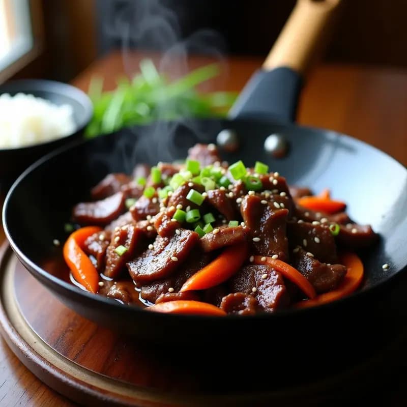 Wok negro humeante con bulgogi coreano de ternera marinada, trozos dorados y brillantes cubiertos de salsa espesa, acompañados de cebolla morada y zanahoria en juliana. Espolvoreado con semillas de sésamo y cebollino, sobre fondo de madera rústica.